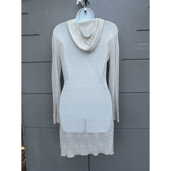 Dolce Cabo Crochet Button Front Linen Blend Hooded Duster Cardigan Sz S Oatmeal - Picture 4 of 11